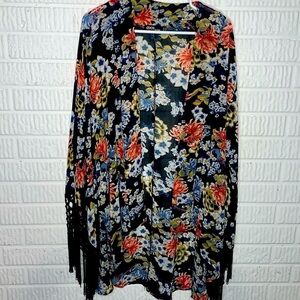 ASOS Dark Floral Kimono With Fringe Trim